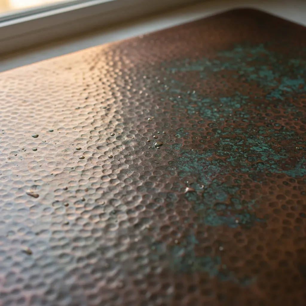 Close-up of natural patina forming inside a copper kitchen sink