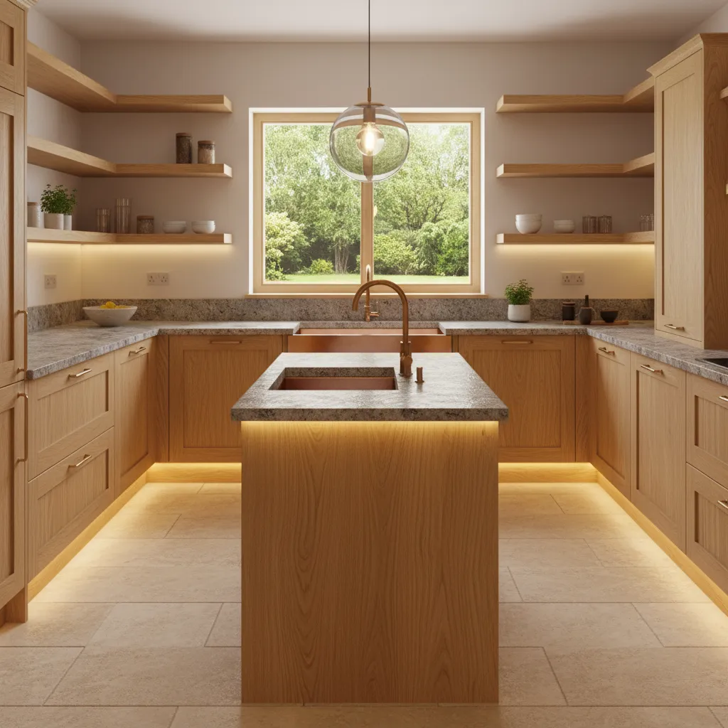 Copper sink paired with natural stone countertop and wood cabinets