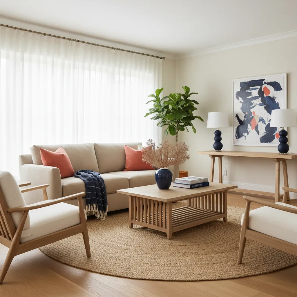 Salón neutro con acentos coral y detalles azul marino