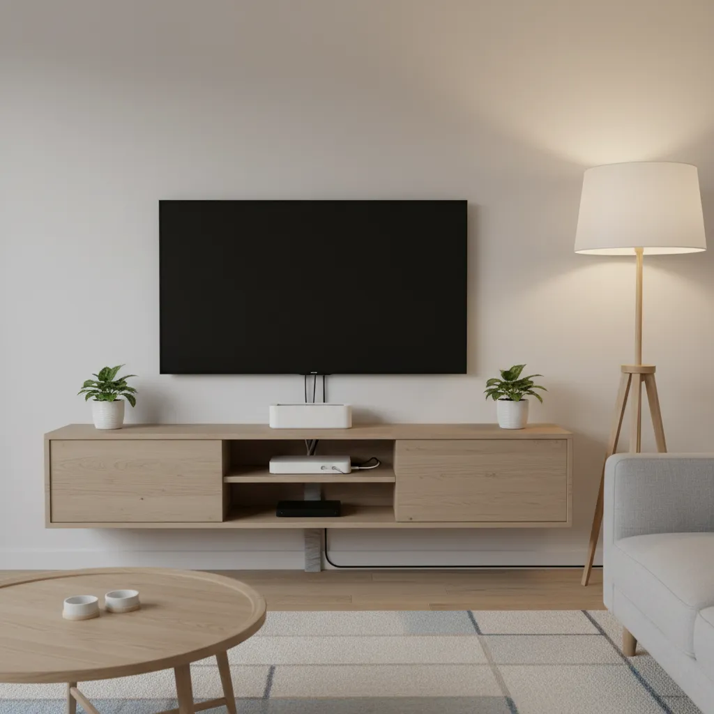 TV console with cord management box hiding power strips and cables