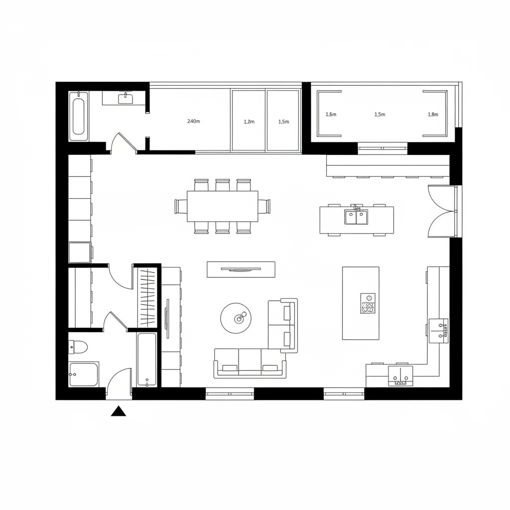 Top-down CAD plan of entry, open living-kitchen, and balcony axis