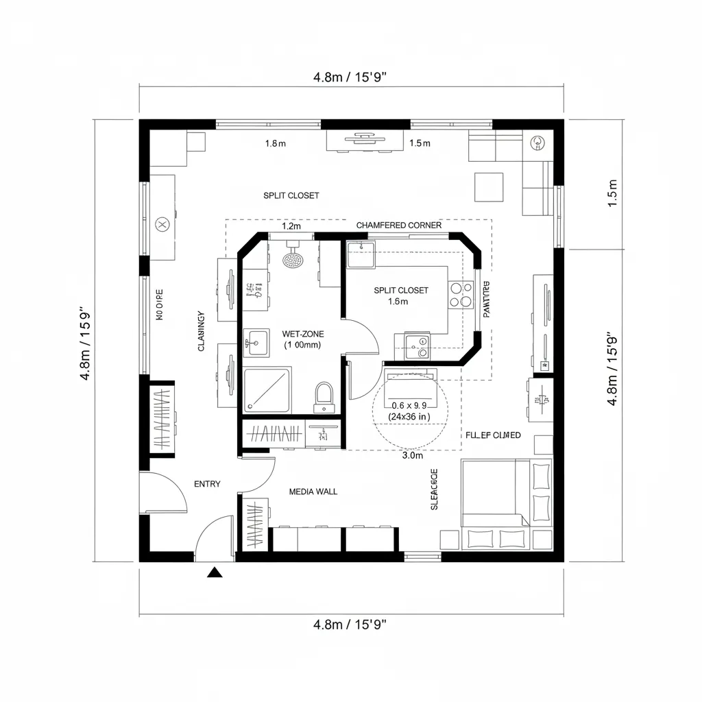 Top-down CAD plan with central pod and perimeter loop circulation