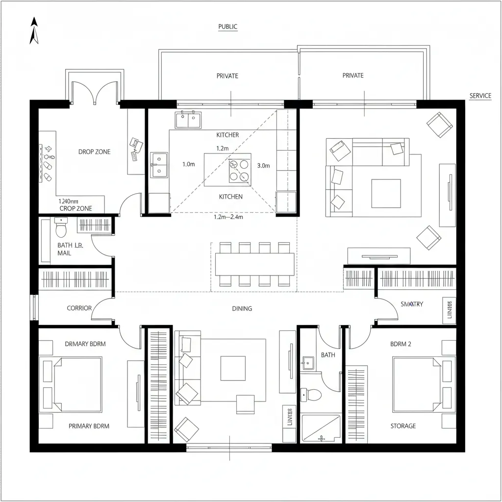2D top-down plan with central great-room spine and split bedroom wings with terrace