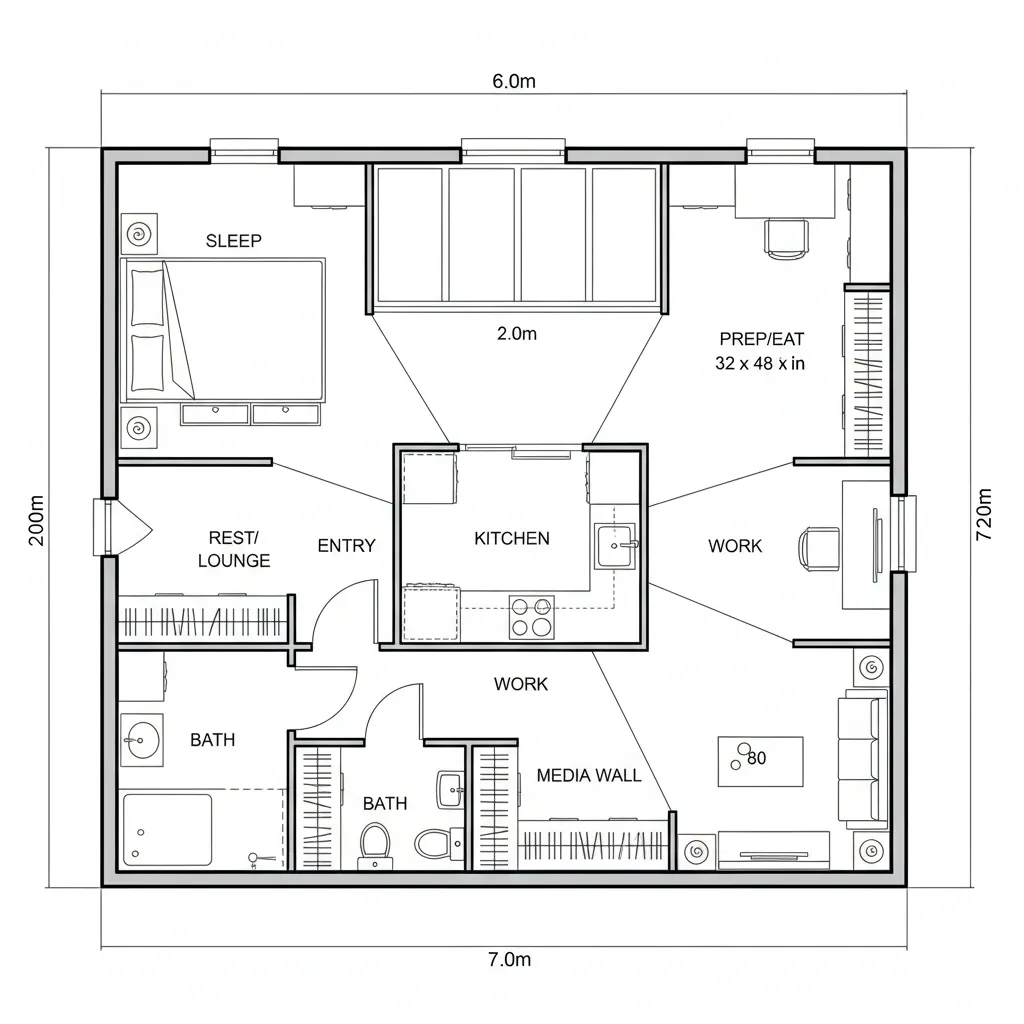 Top-down CAD plan of studio with central kitchen-storage core and zoned spokes
