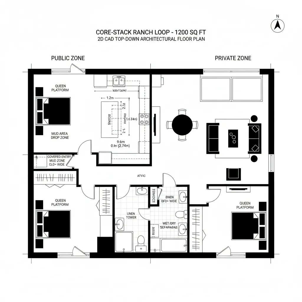 Top-down 2D plan with central wet core and perimeter daylight rooms.