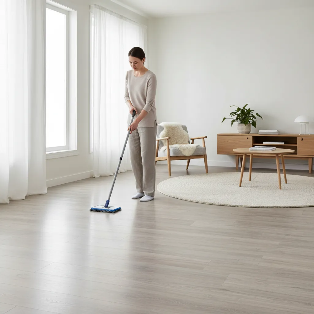 Cleaning COREtec luxury vinyl plank floor in modern living room with microfiber mop