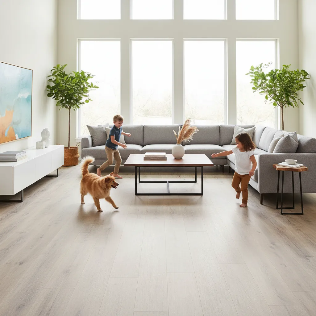 High traffic living room area with COREtec flooring and family activity