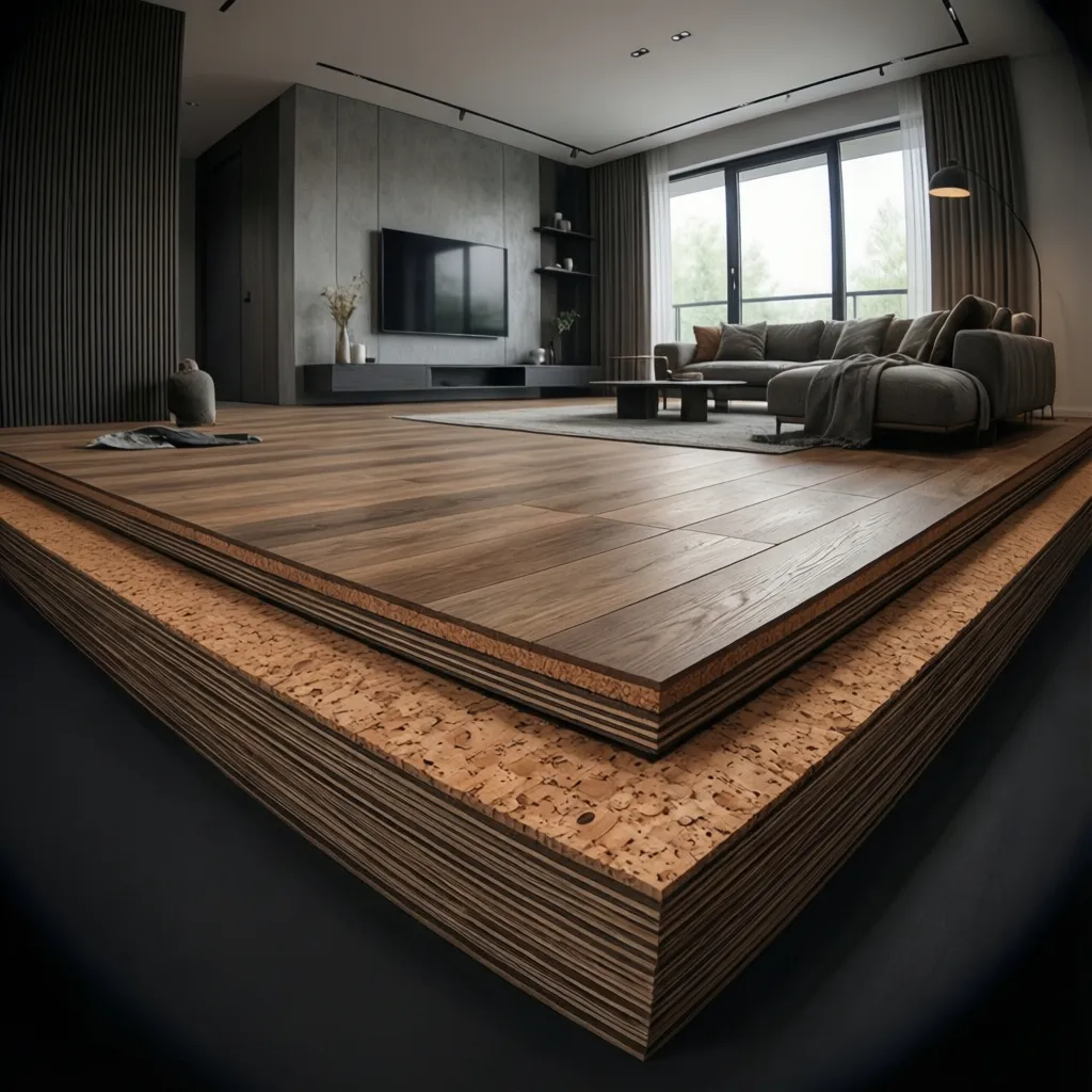 cork underlayment layer installed under hardwood floor for sound insulation