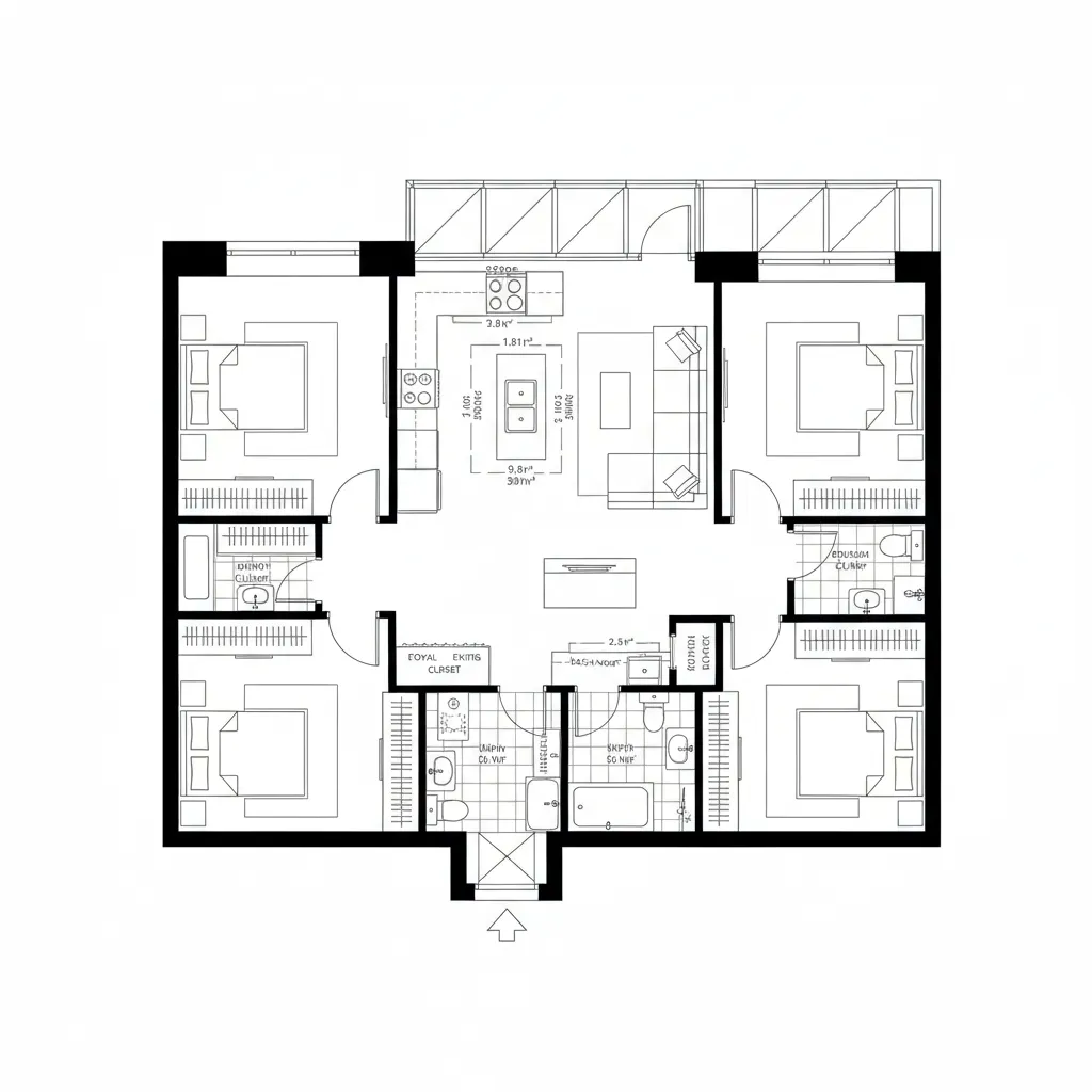 Floor plan of a four bedroom apartment with central living area kitchen and multiple bathroom layouts