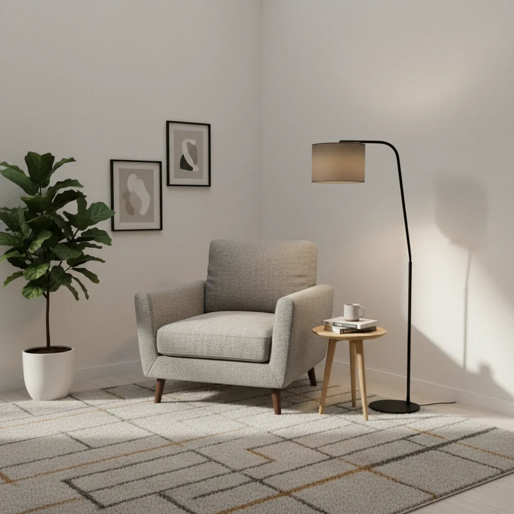 accent chair placed diagonally in a living room corner with floor lamp