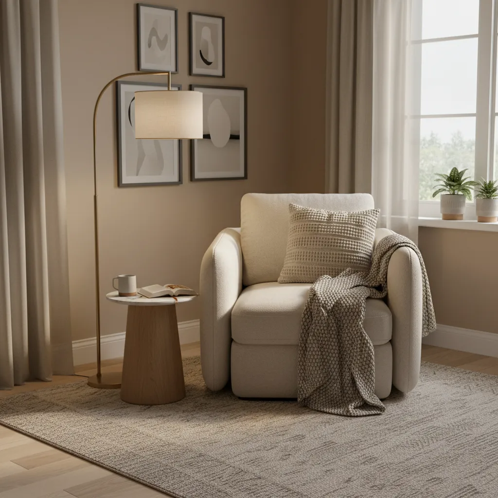 Accent chair and floor lamp creating cozy corner seating nook