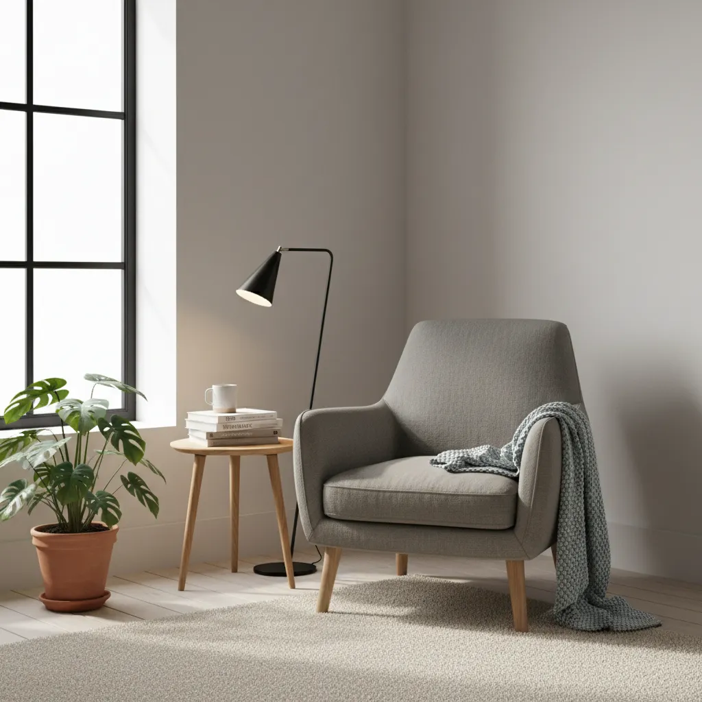small accent chair placed in living room corner with side table and lamp
