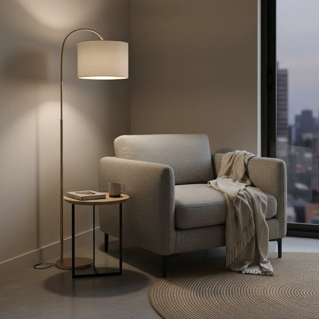 accent chair placed in corner of small living room with floor lamp
