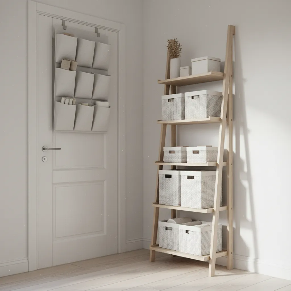 Small bedroom corner shelving and over door storage organizer