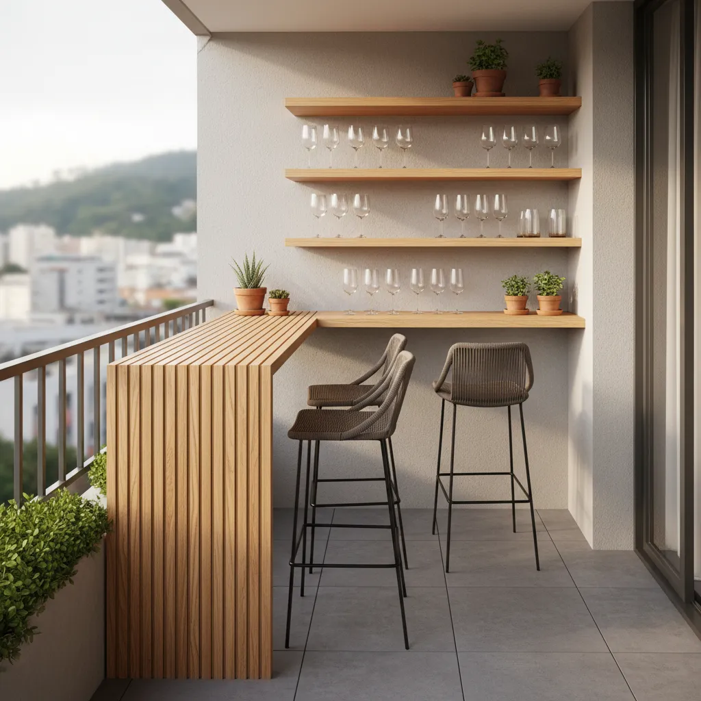 small balcony corner bar layout with L shaped counter