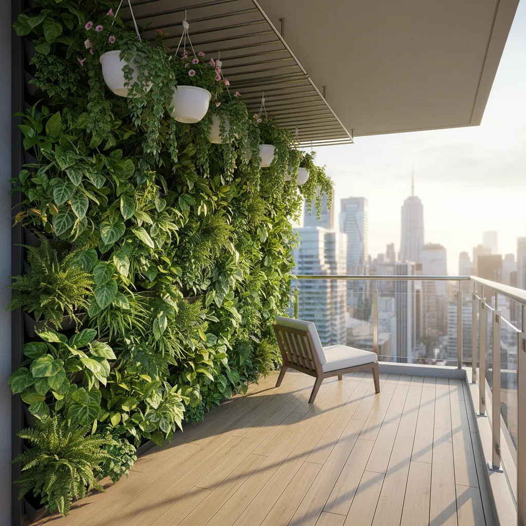 corner balcony with vertical plant wall and cozy seating area