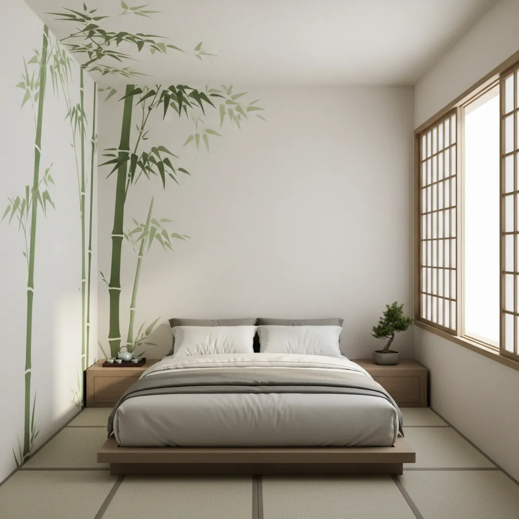 Corner bamboo wall painting in a small bedroom interior