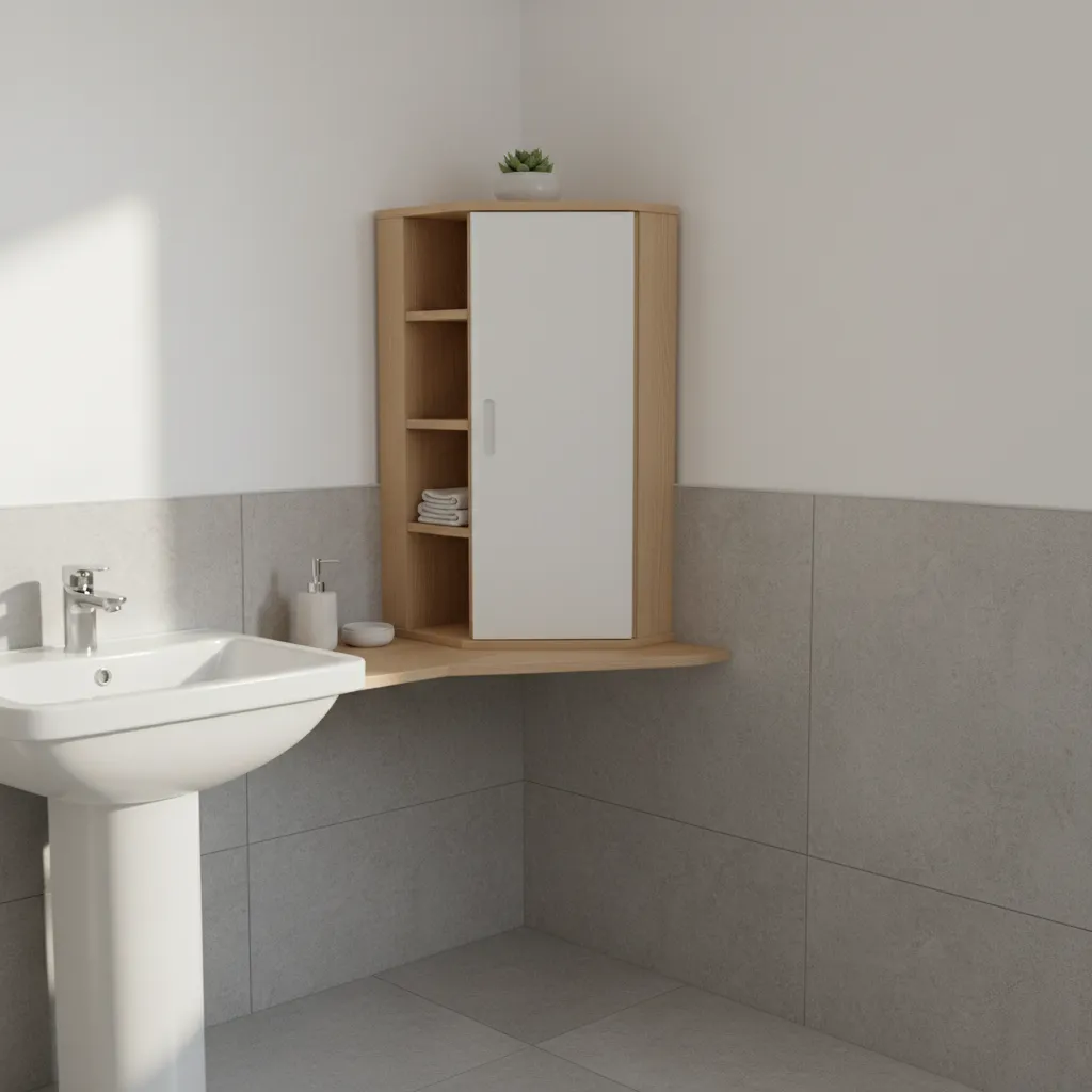 corner cabinet solution in a compact bathroom layout