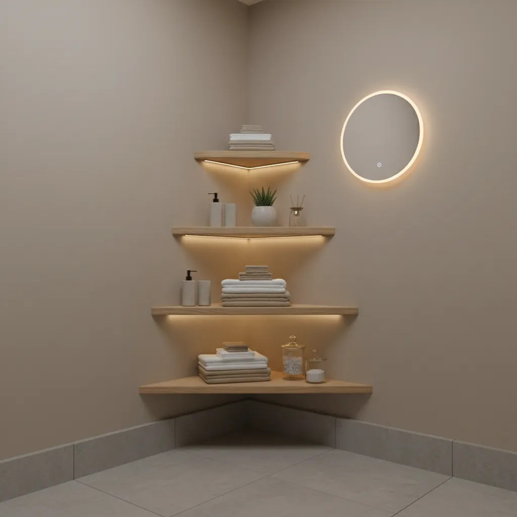 corner shelving unit in a small bathroom storing towels and toiletries