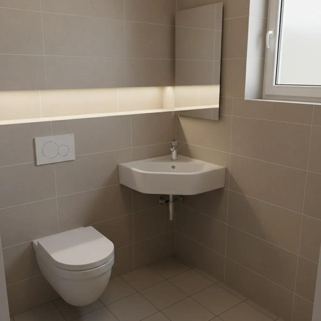 Corner sink installed in a compact bathroom layout