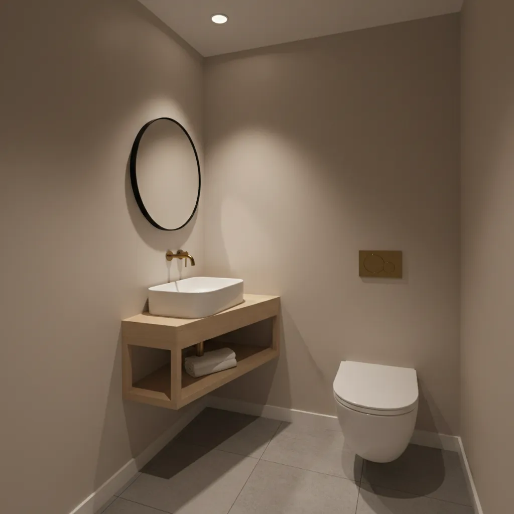 corner sink installed in a tiny powder room