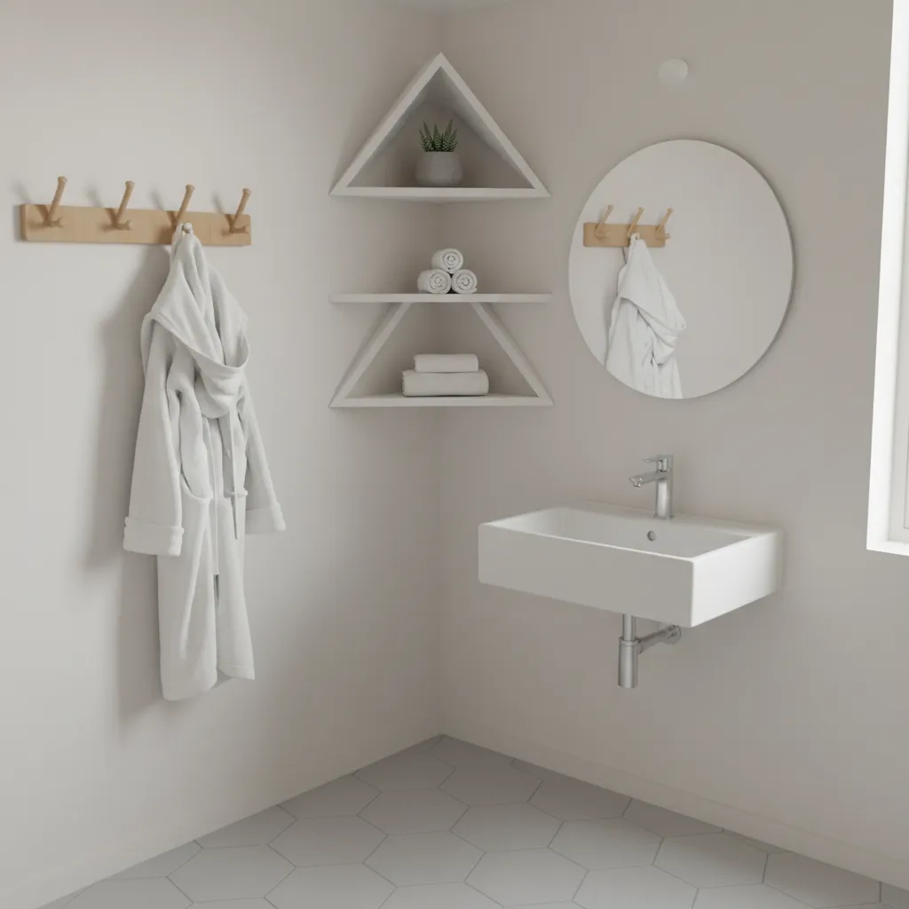 corner bathroom shelves and compact accessories in small bathroom