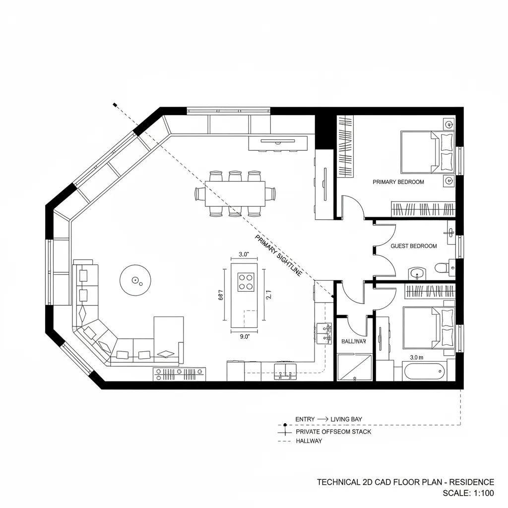 Top-down CAD plan highlighting a corner bay, diagonal sightline, and island circulation