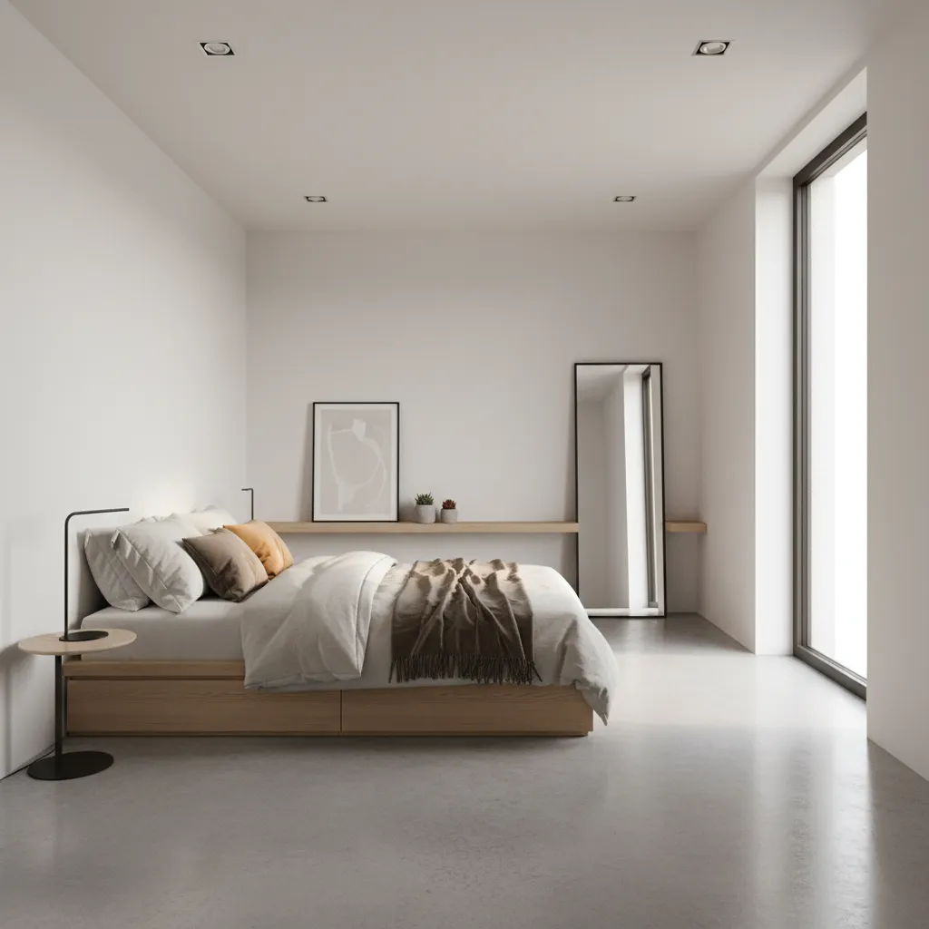 Small bedroom with corner bed layout maximizing open floor space