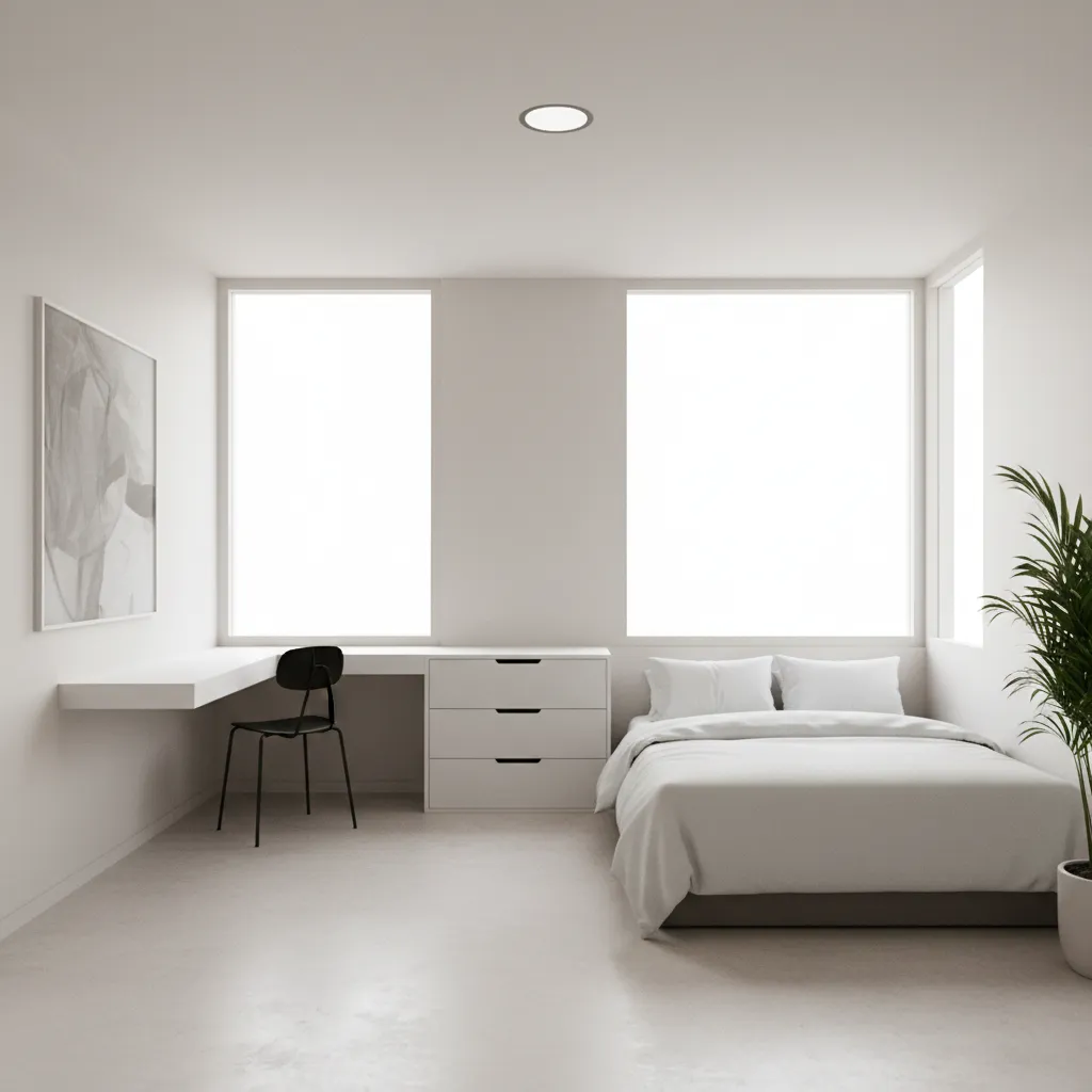 Corner bed layout maximizing floor space in a small bedroom