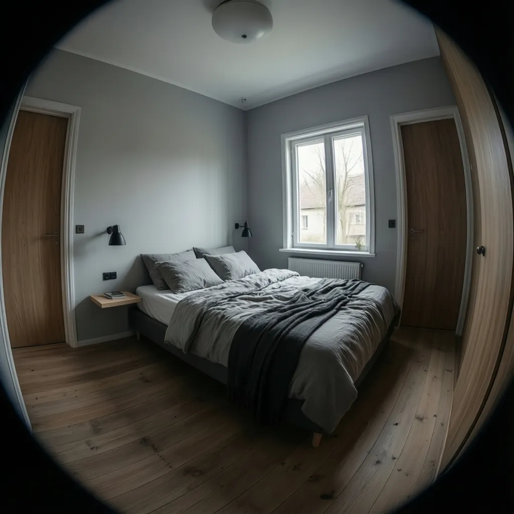 Corner bed layout in a small bedroom with multiple doors
