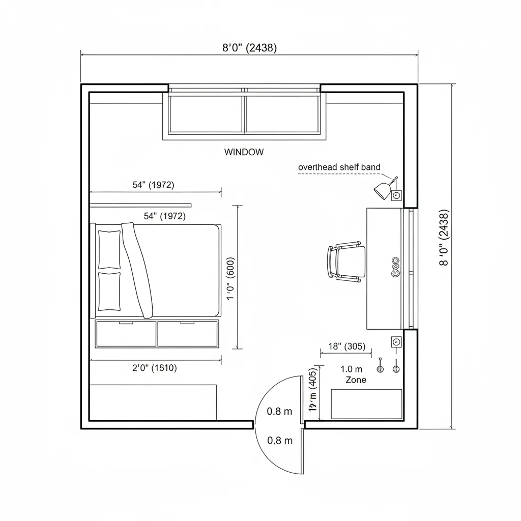 Top-down CAD plan of 8x8 bedroom with corner full bed, wall work rail, and overhead shelf band