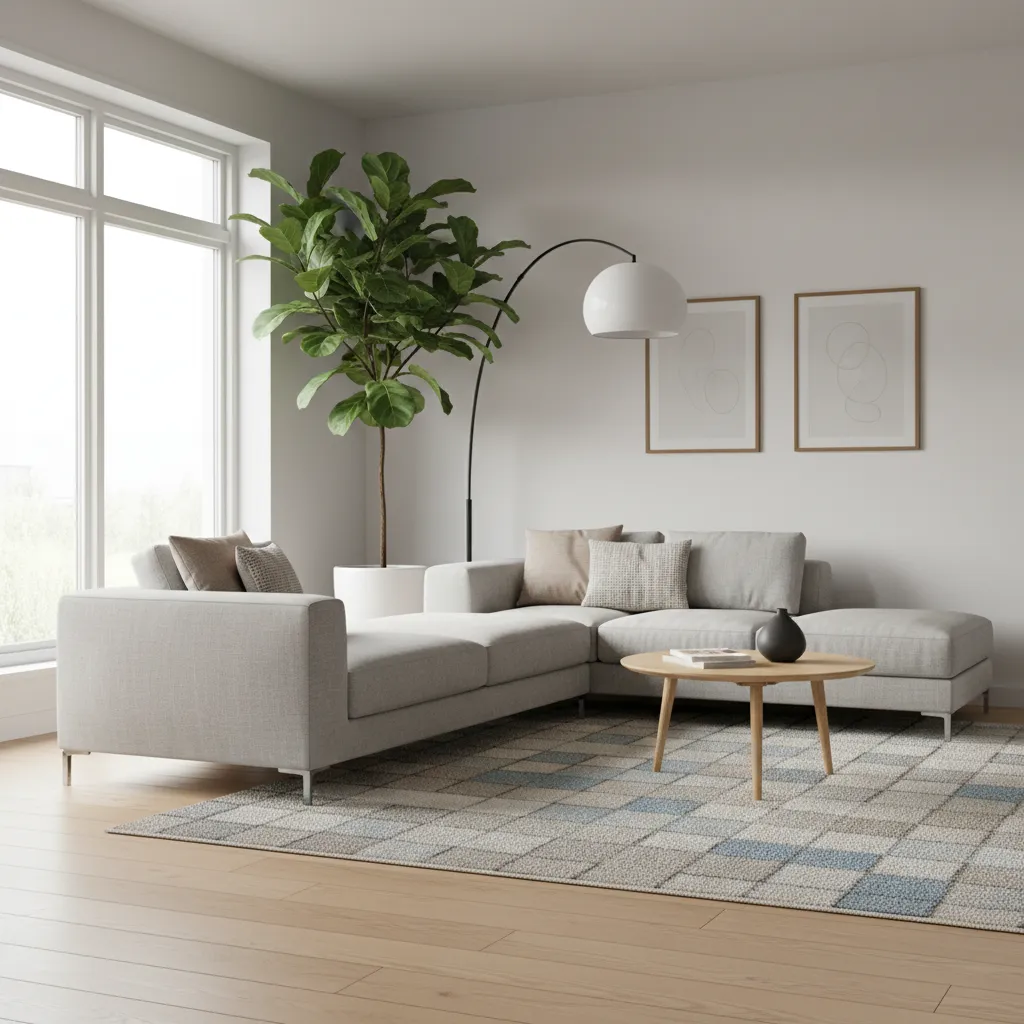 Tall plant and floor lamp filling empty corner behind angled couch