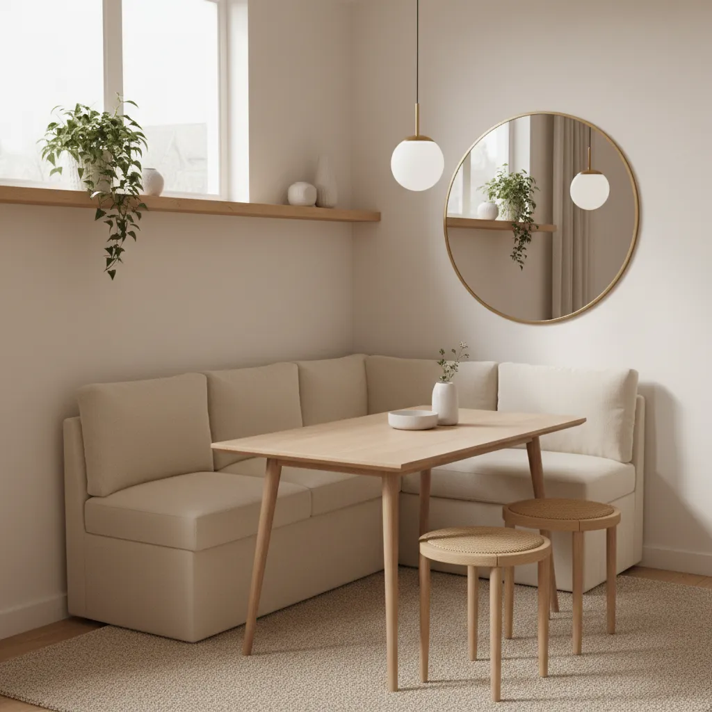 Corner bench seating combined with a narrow dining table in a small apartment