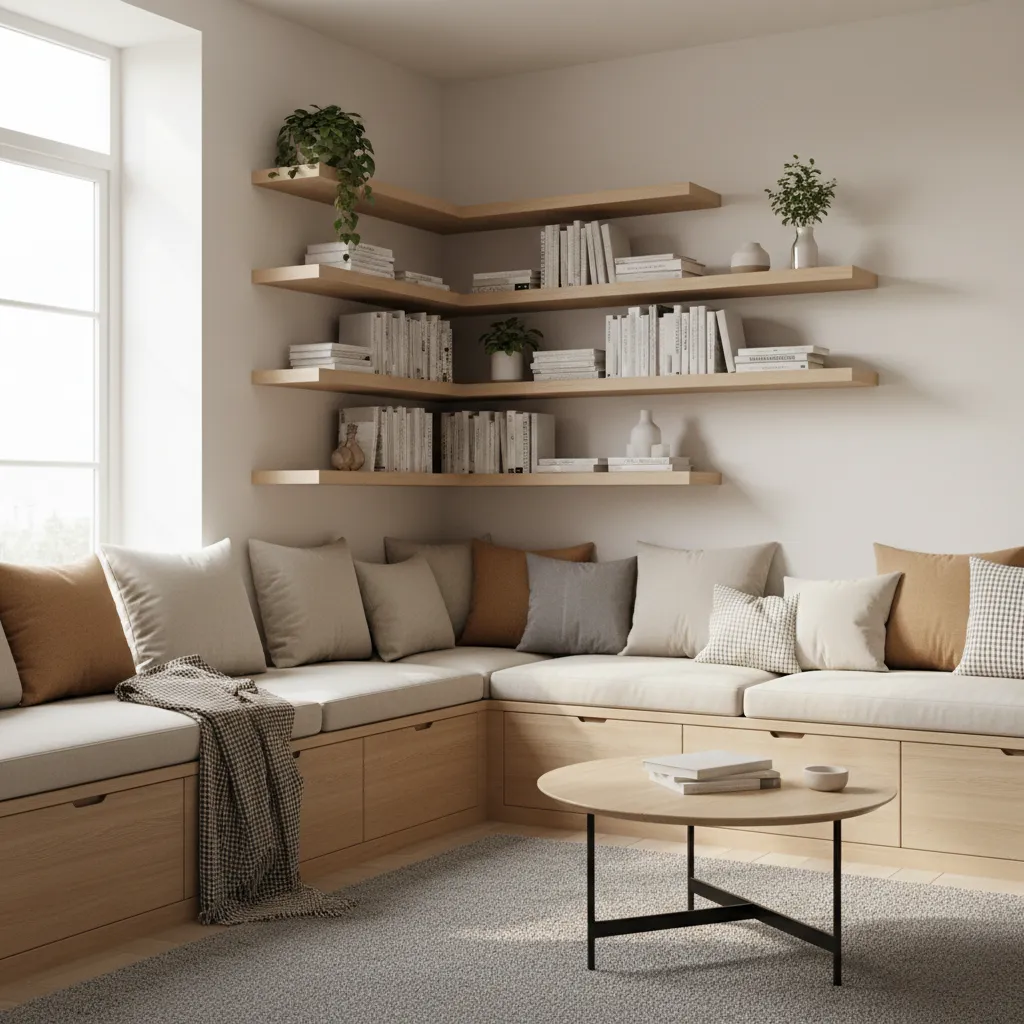 Built-in corner bench seating in a compact living room