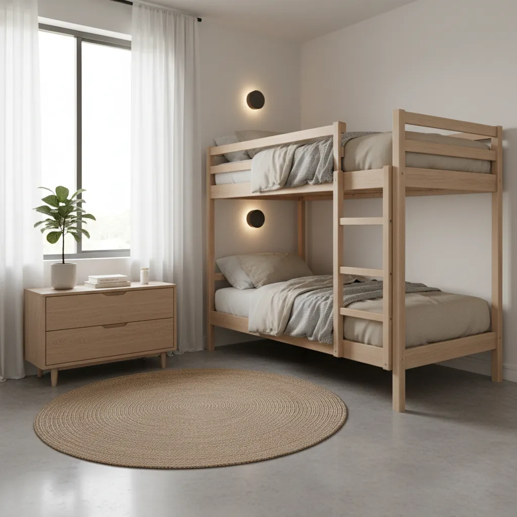 Corner bunk bed placement in a small bedroom with open floor space
