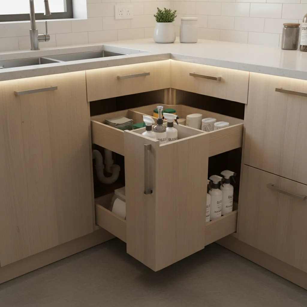 U-shaped drawer storage solution inside a corner sink cabinet