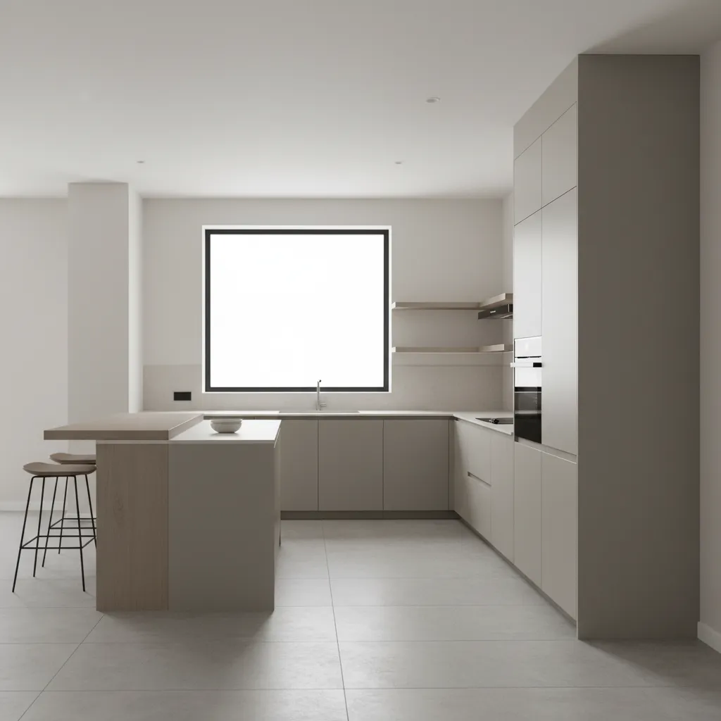 Diagram style visualization of corner tall cabinet dimensions in kitchen layout