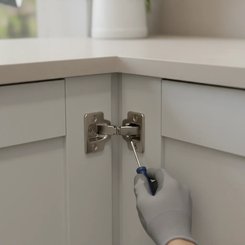 Close view of adjusting concealed hinges on corner cabinet door