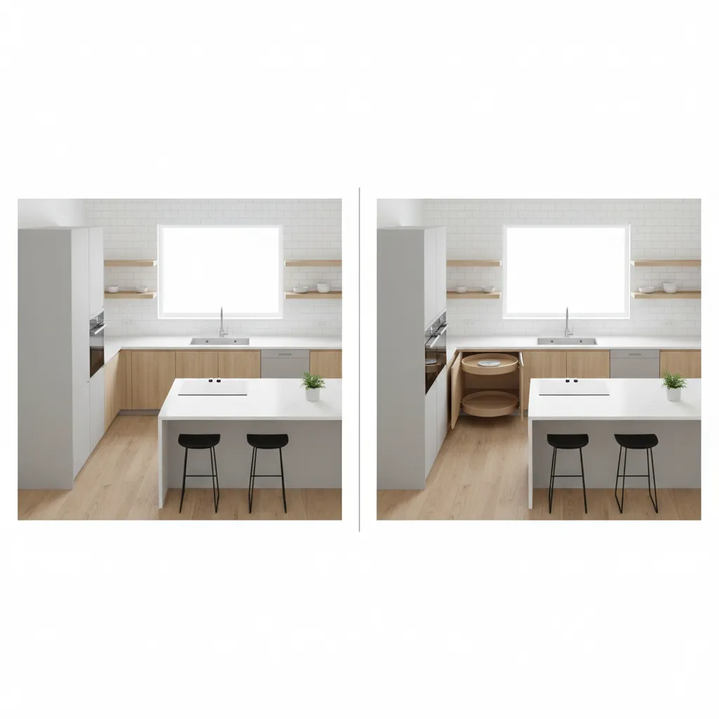 Comparison layout of tall corner cabinet and lazy susan kitchen storage