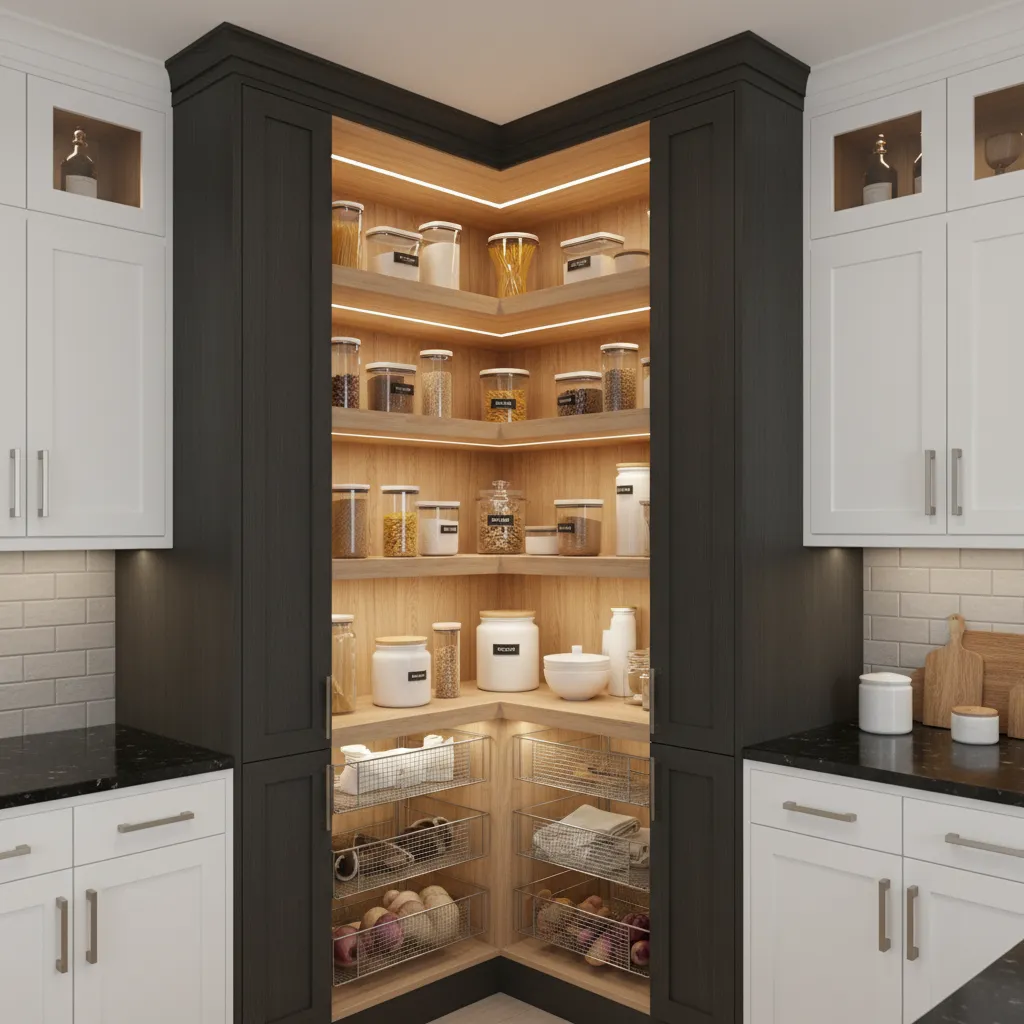LED lighting inside tall corner pantry cabinet