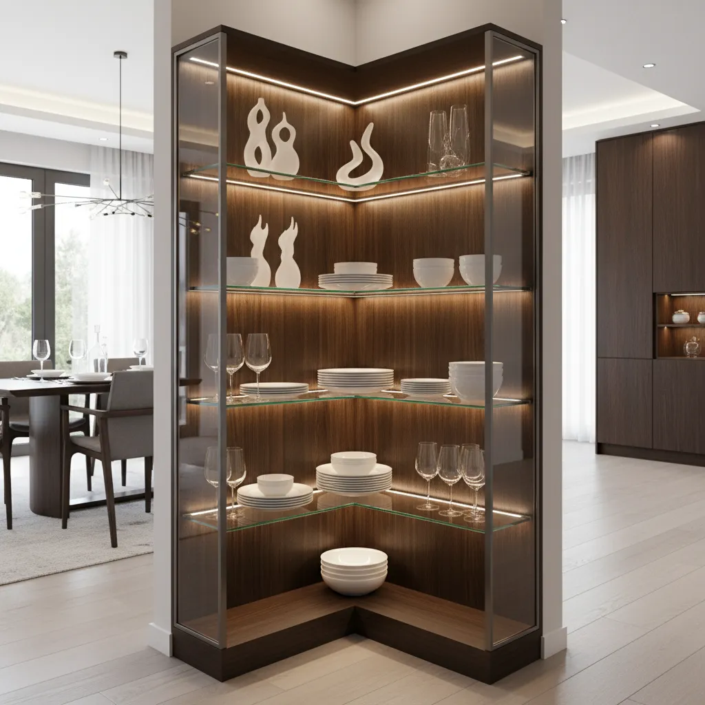 Corner cabinet interior with LED lighting illuminating storage