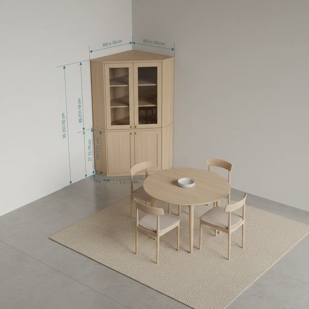 Dining room corner cabinet measurement layout showing wall distances