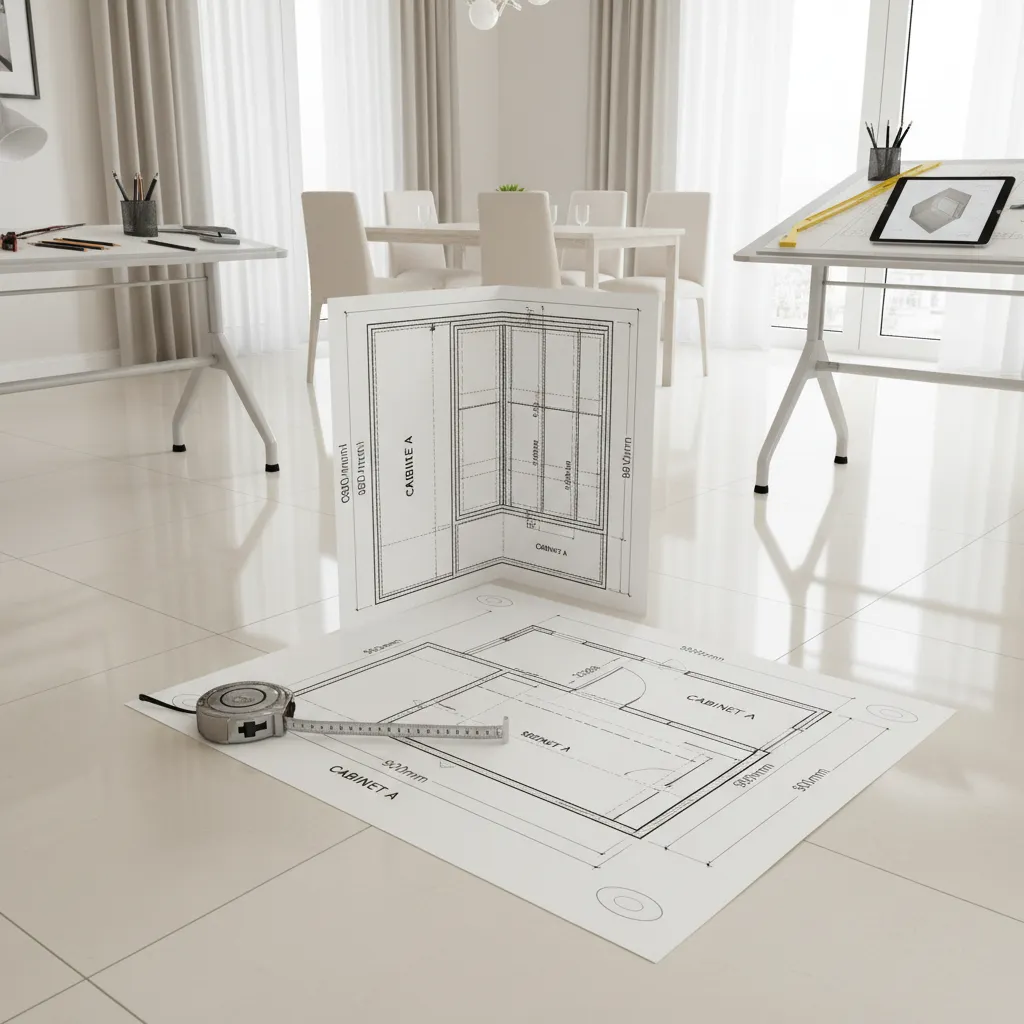 Dining room corner cabinet layout measurement planning diagram