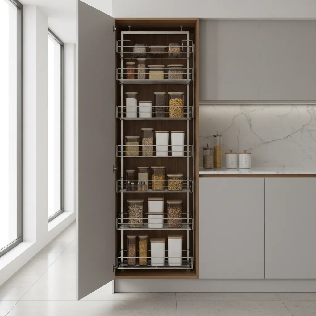 corner tall cabinet pull out pantry system extended