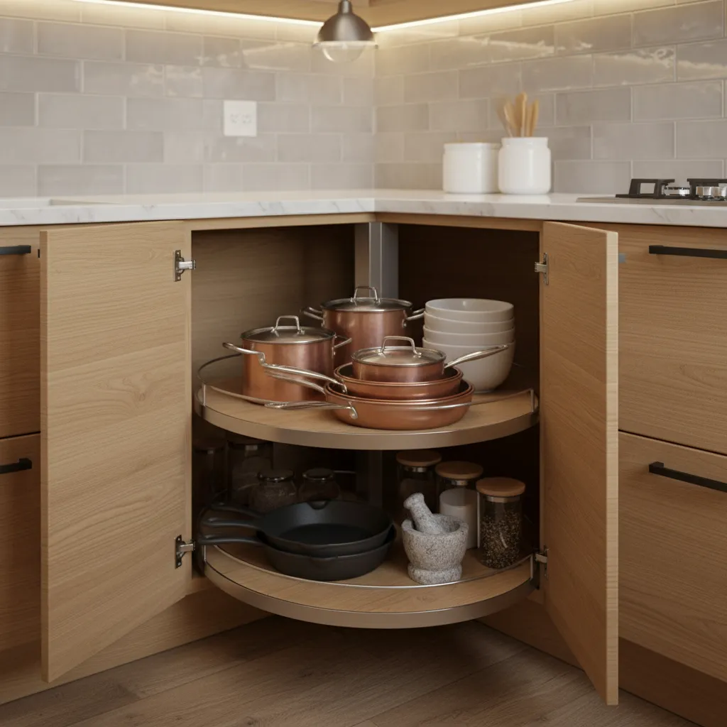Modern corner cabinet pull out shelving system in kitchen