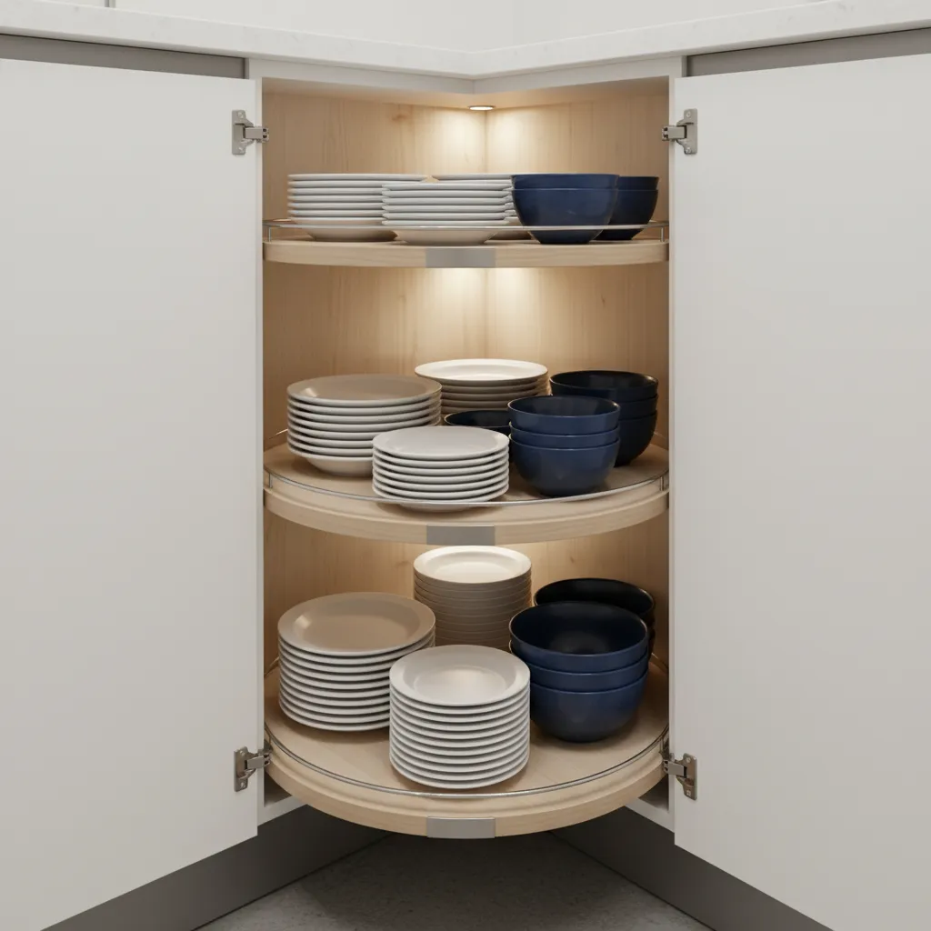 Corner cabinet with rotating lazy susan shelves improving accessibility