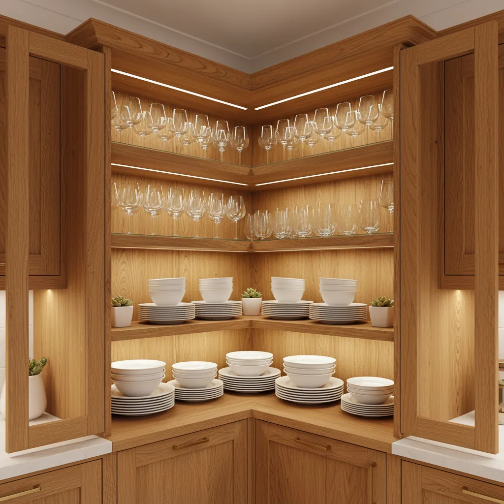 Corner cabinet interior showing display shelves and hidden storage compartments
