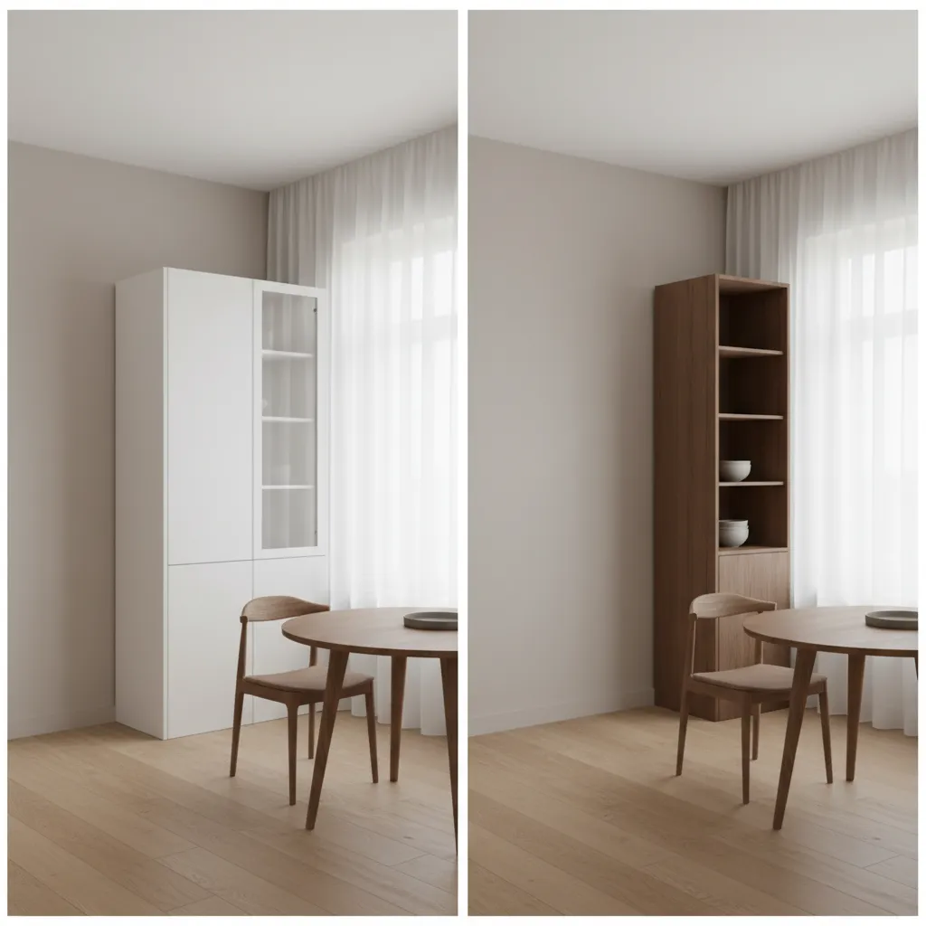 Dining room diagram comparing built in and freestanding corner cabinet storage space