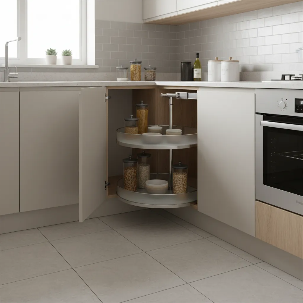 Modern kitchen corner cabinet with rotating storage shelves holding glass jars and bowls for organization