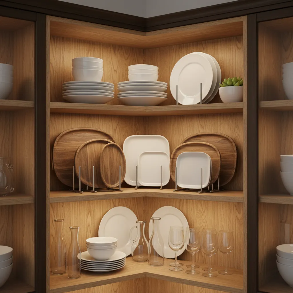 Organized corner cabinet with clearly defined storage zones